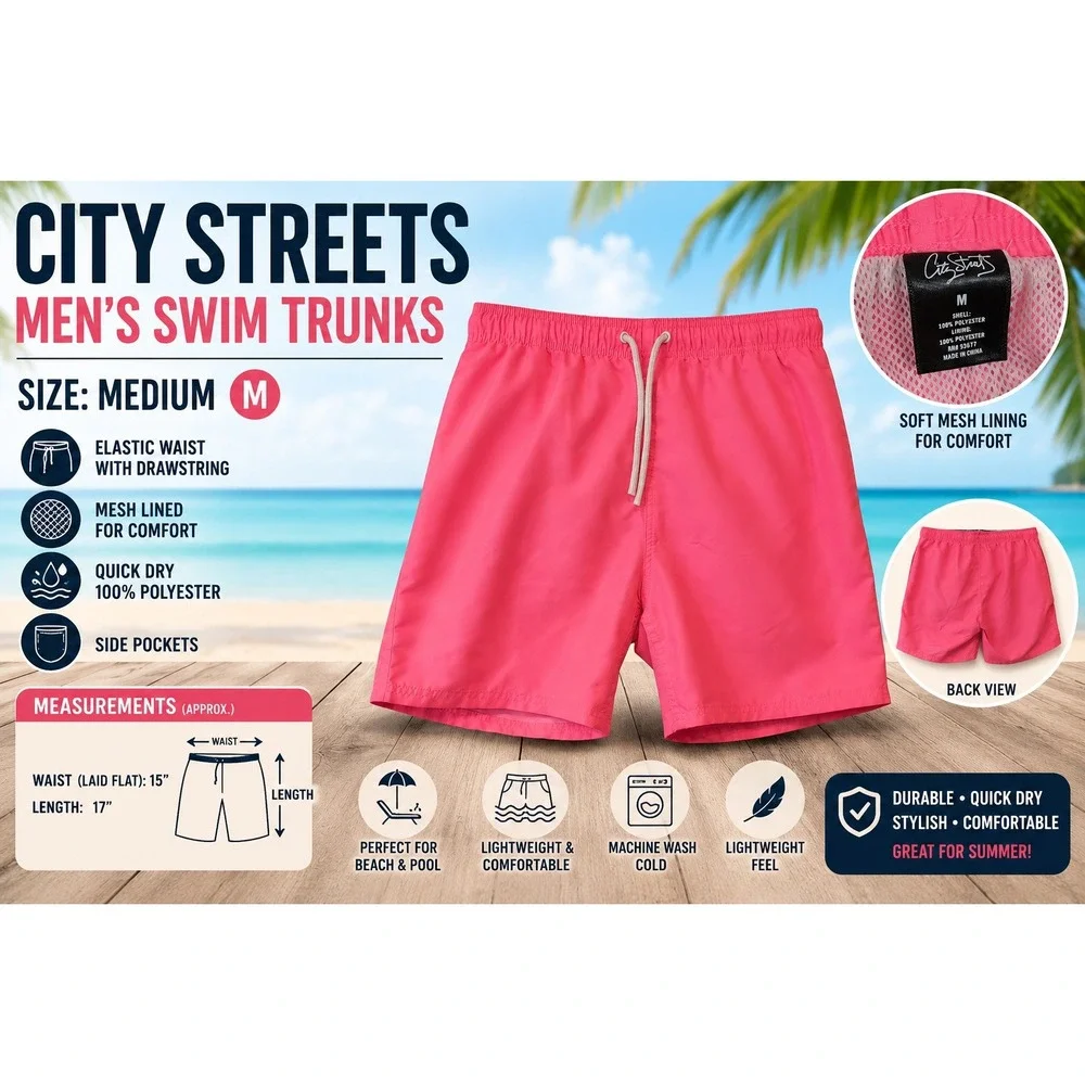 City Streets Mens Pink Swim Trunks Mesh Lined Quick Dry Shorts Medium